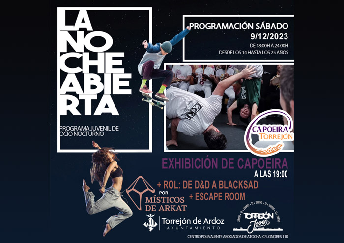 Este sábado, 9 de diciembre, Exhibición de Capoeira, juegos de rol y Escape Room en “La Noche Abierta” 