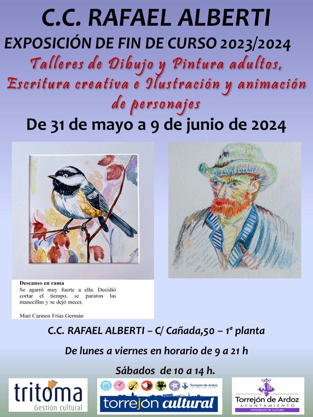 Exposición talleres fin de curso de dibujo y pintura de adultos y de escritura creativa, ilustración y animación de personajes