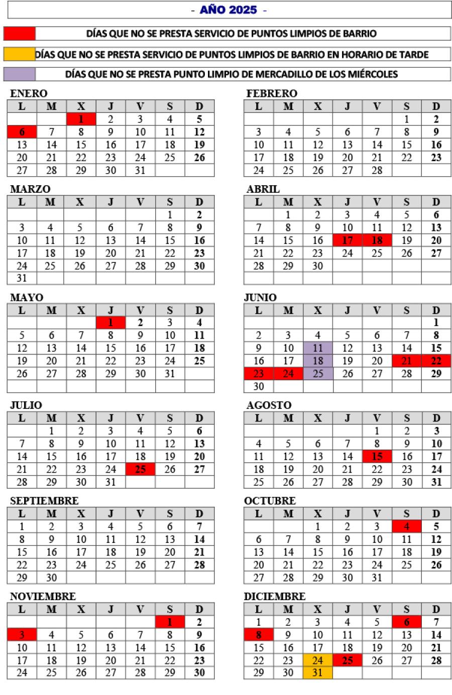 Calendario servicio Puntos Limpios de Barrio 2025
