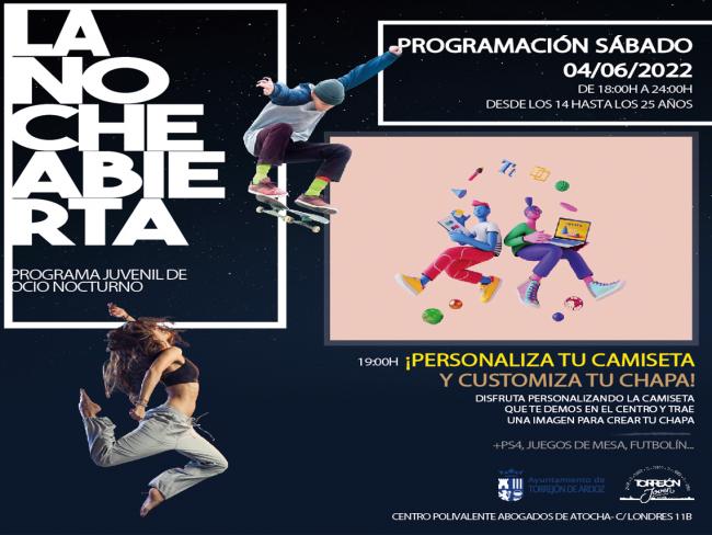 El programa de ocio alternativo para jóvenes “La noche abierta” llega este sábado, 4 de junio, con un taller para personalizar tu camiseta y customizar tu chapa  