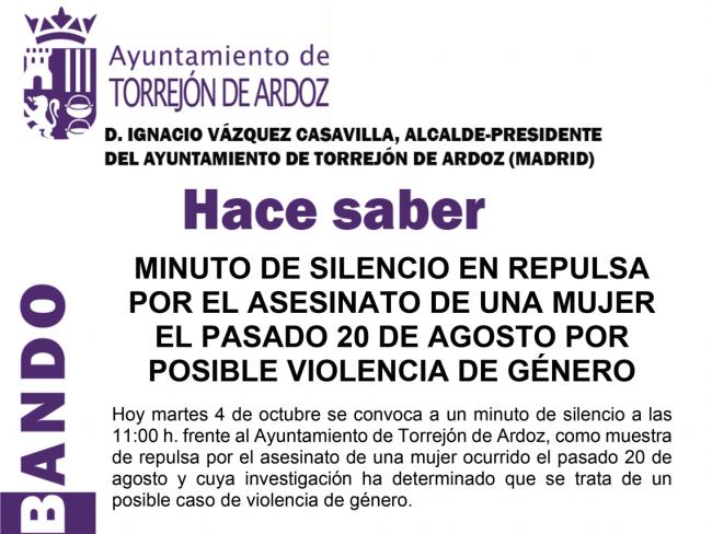 Se convoca a los vecinos, a las 11:00 horas en la puerta del Ayuntamiento, a un minuto de silencio en repulsa por el asesinato de una mujer el pasado 20 de agosto por posible violencia de género 